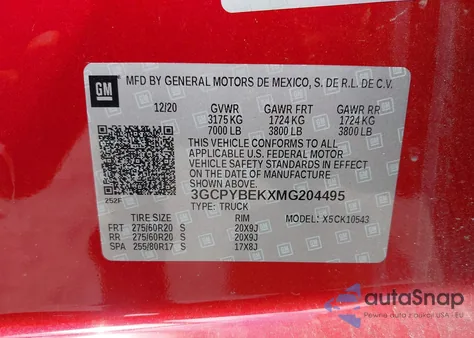 2021 Chevrolet Silverado 1500 4Wd Short Bed Custom из США, поврежденный, VIN 3GCPYBEKXMG204495